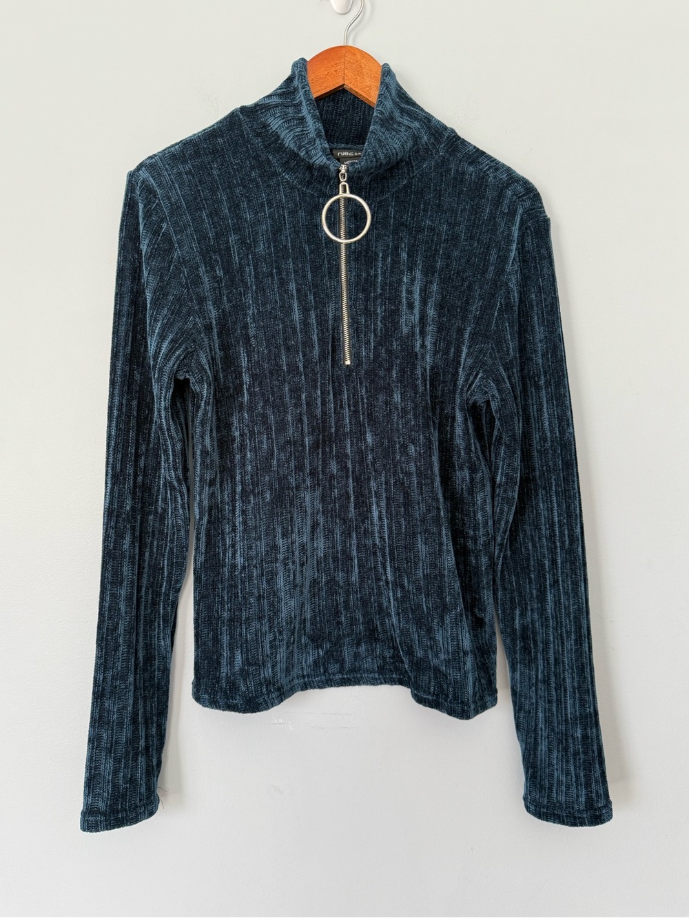 Rue21 Blue Ribbed Velvet Quarter Zip Top Long Sleeve Mock Neck Size Medium